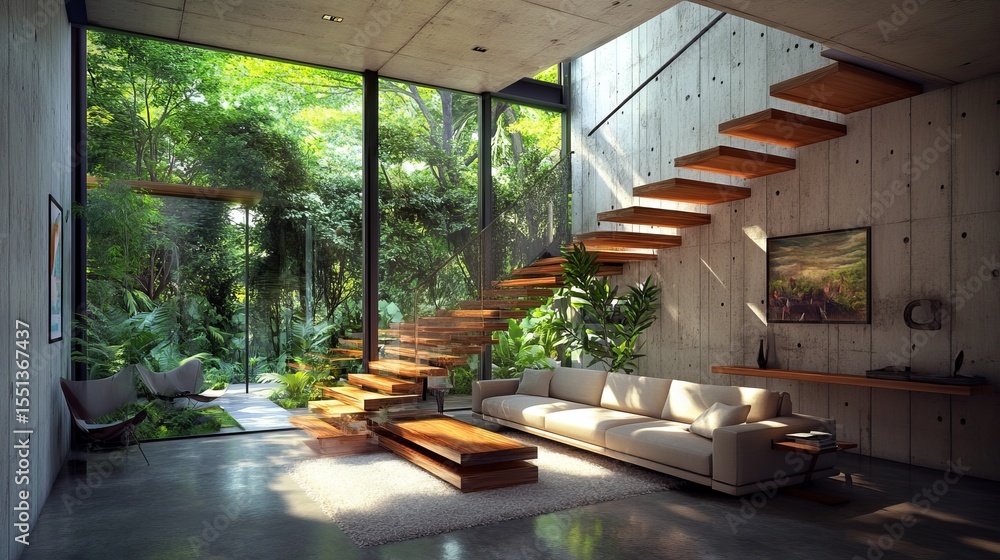 Fototapeta premium Modern living space seamlessly blends indoor comfort with lush outdoor greenery, featuring a concrete and wood staircase, large windows, and minimalist furniture
