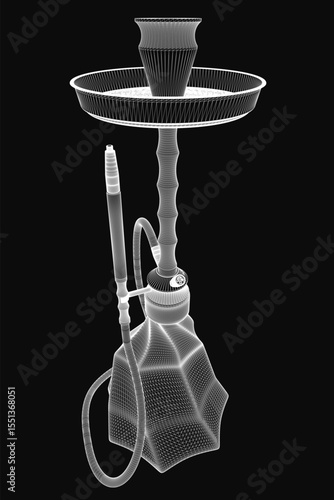 A 3D model of a white hookah with intricate details, including the curved handle, ornate bowl, and slender spout, stands out against a sleek black background.