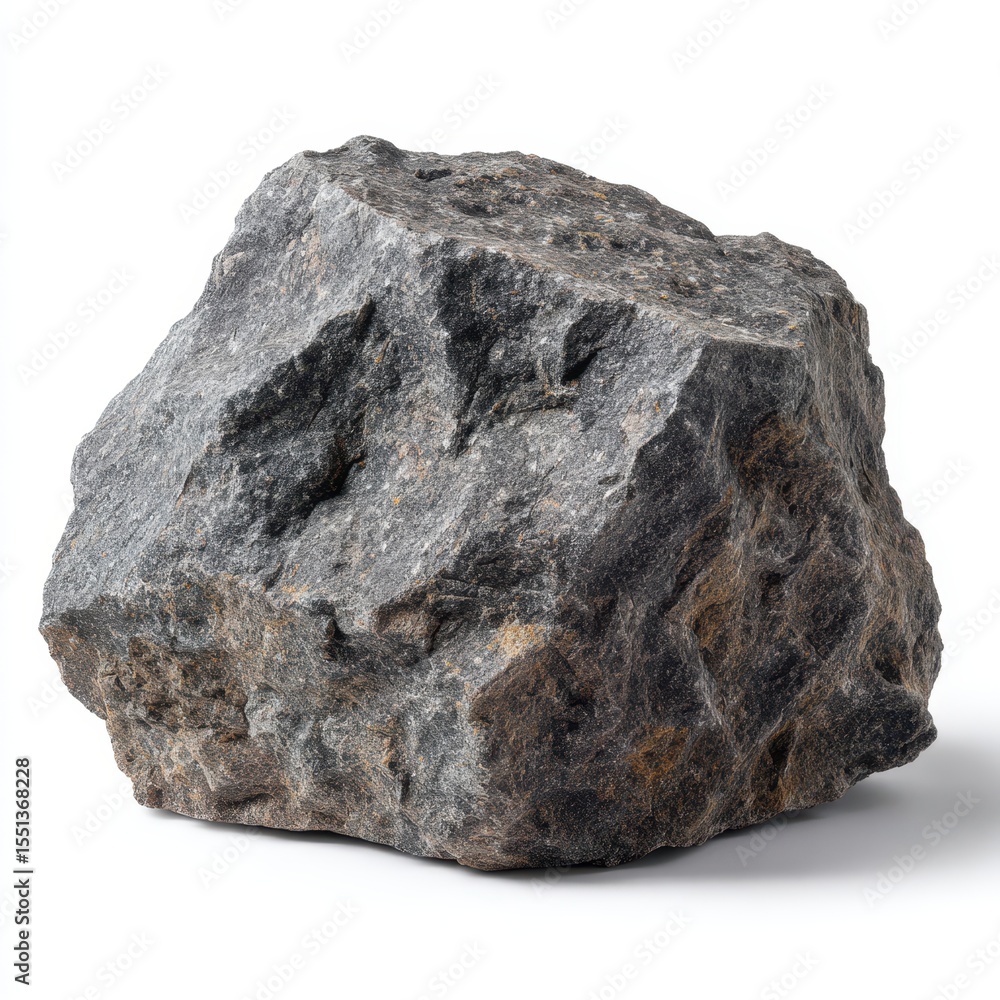 Fototapeta premium A rugged textured dark gray igneous rock with hints of brown and white specks sits on a white background
