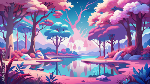 Surreal infrared scene of a calm pond surrounded by luminous white and pink foliage trees. The vibrant, dreamlike landscape reflects on the still water
