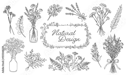 花束や花瓶に入ったドライフラワーの草と花の白黒の線画ベクターイラストセット /シンプルでおしゃれな手書きのラインアート