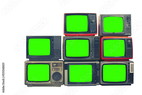 Fotografie Vintage old televisions with chroma key green screen for designer isolated on white background, eight old retro TVs stacked with clipping path
