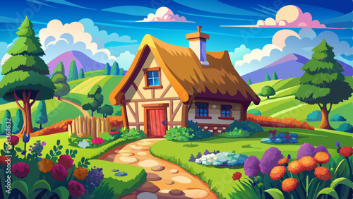Charming thatched-roof cottage nestled in the countryside on a sunny day, surrounded by vast green meadows, colorful flowerbeds, and a neat vegetable garden. Peaceful rural landscape with blue skies