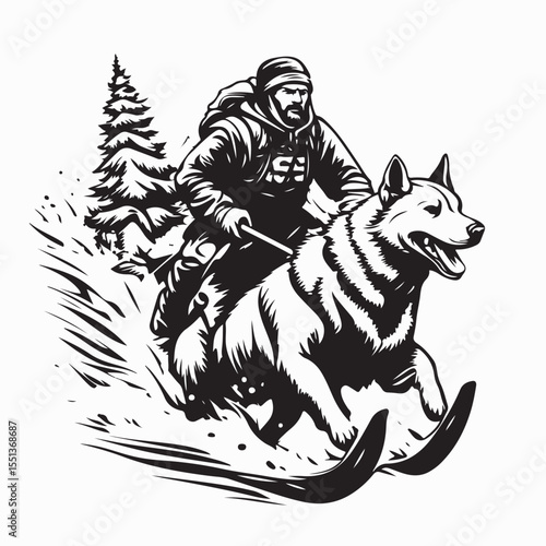 Eskimo Driving a Dog Sled Across a Wide Snow-Covered Landscape Vector Illustration
