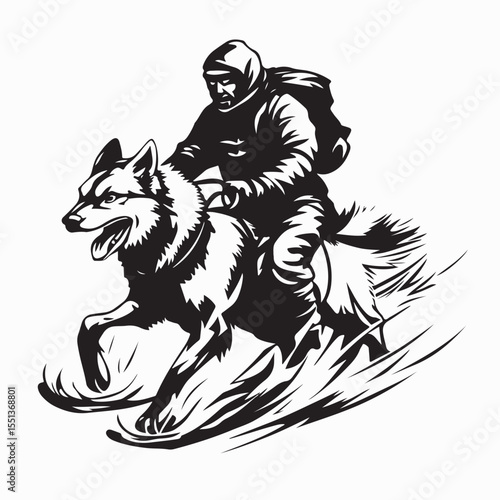 Eskimo Driving a Dog Sled Across a Wide Snow-Covered Landscape Vector Illustration