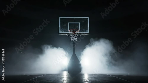 Dramatic basketball hoop illuminated by spotlight in a foggy arena during a night game