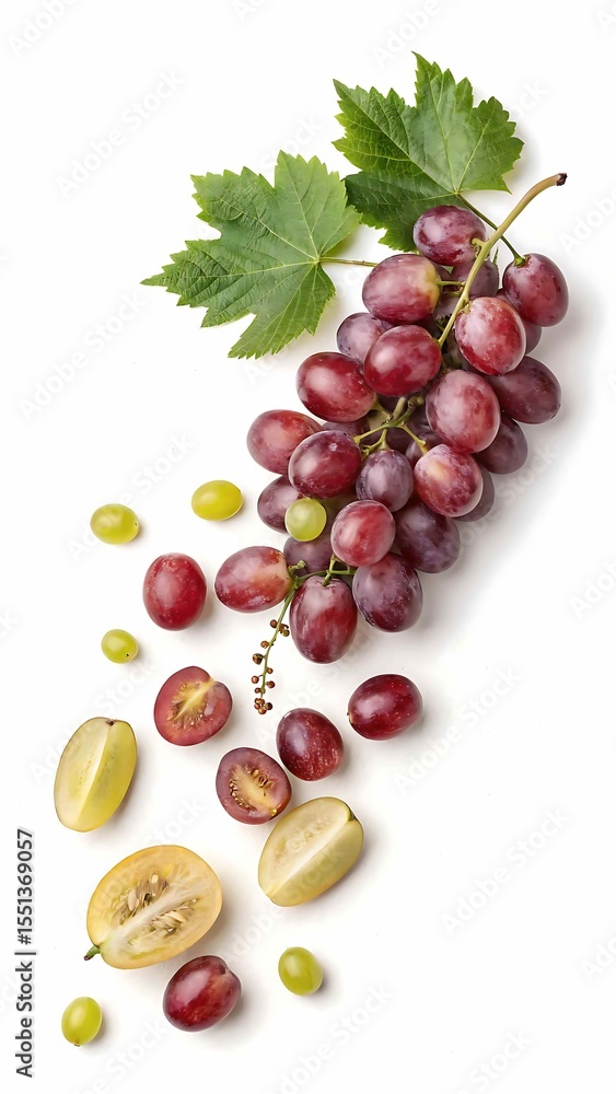Obraz premium Fresh red and green grapes with leaves and sliced fruits on a white background
