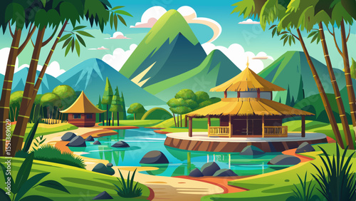 Beautiful scenic landscape of Dusun Bambu in Bandung, Indonesia, featuring lush green gardens, traditional bamboo architecture, serene lake with reflections