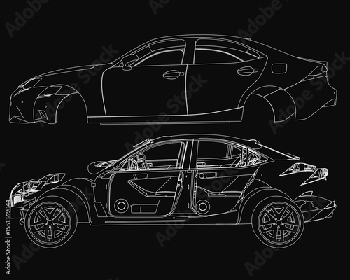 Sports car blueprint with sleek lines and curves, showcasing its iconic design in detailed machine outline. The technical drawing highlights aerodynamic features against a black.