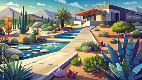 Modern drought-tolerant landscape design with gravel paths, native desert plants like succulents and agave, decorative rocks, and minimal water usage layout. Clean, sustainable