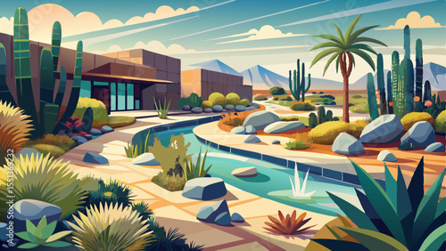 Modern drought-tolerant landscape design with gravel paths, native desert plants like succulents and agave, decorative rocks, and minimal water usage layout. Clean, sustainable