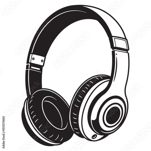Black and white illustration of modern over ear headphones for listening to music or audio