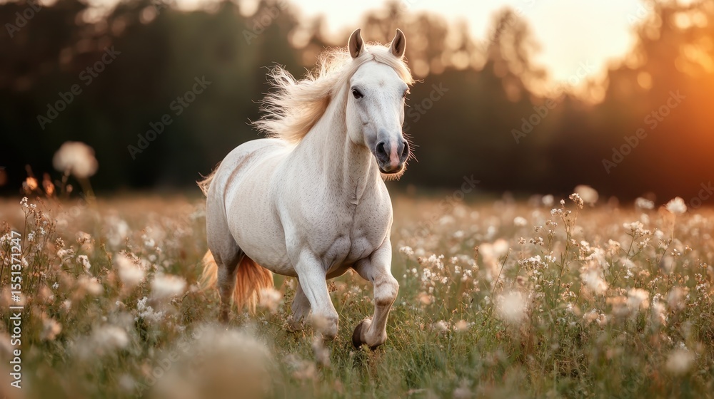 Obraz premium A stunning white horse with a flowing mane runs gracefully across a sunlit field filled with blooming flowers, capturing the essence of freedom and nature's beauty.