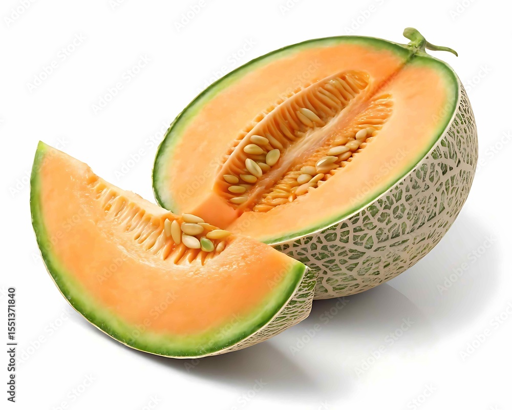 Juicy cantaloupe melon cut in half with a slice showing seeds and orange flesh on a white background,png Juicy cantaloupe melon cut in half with a slice showing seeds and orange flesh on a white background,png