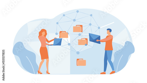 A cartoon illustration of two people transferring files with laptops and folders in a cloud environment