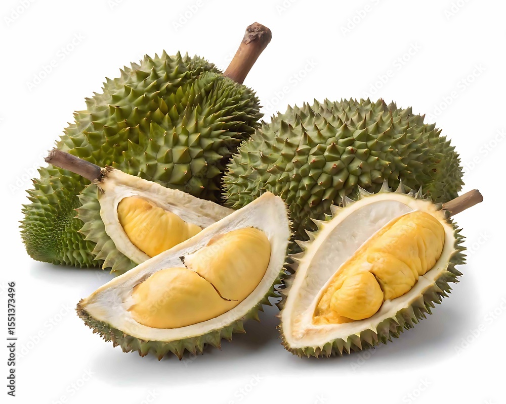 Fototapeta premium Fresh durian fruit cut open revealing yellow flesh and seeds on white background