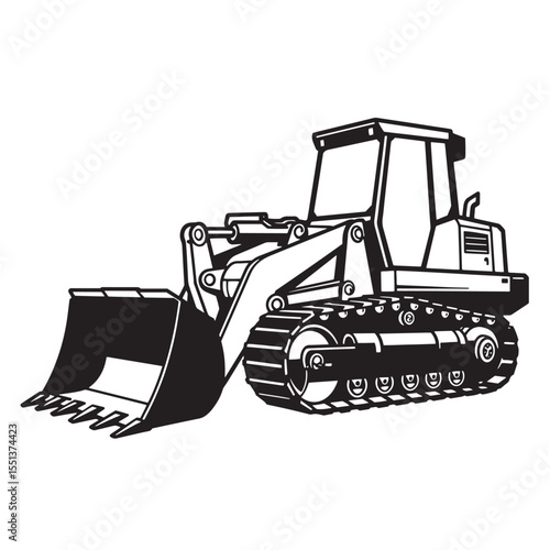 Illustration of a black and white bulldozer construction equipment on a white background