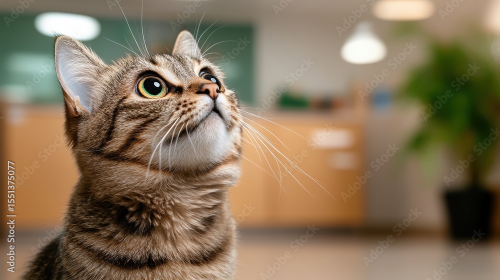 Naklejka premium A close-up of a curious cat gazing upwards, showcasing its whiskers and expressive eyes, perfectly capturing the essence of pet companionship and warmth in a home.