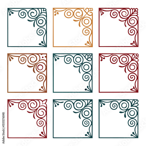 Elegant Corner Frames: A collection of nine ornate corner frames, each adorned with a unique spiral pattern, ready to enhance and beautify design projects, invitations, and presentations.