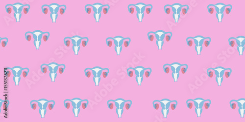 Female reproductive organ cute pink seamless pattern. For print, fabric, textile, wrapping paper, cover, banner. Medical concept background. Feminism art. Woman reproductive health