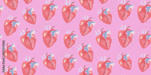 Seamless pattern with cartoon flat human internal organs. Human heart. Inner body parts. Vector background for wrapping and gift paper, print, textile, wallpaper