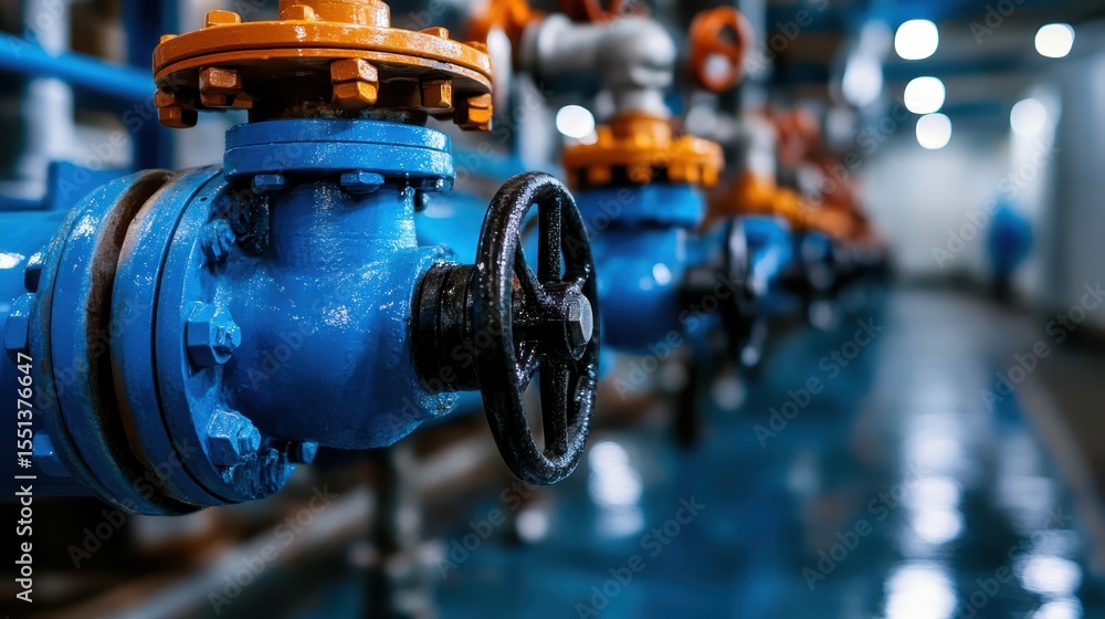 Obraz premium A close-up image of blue industrial valves in a factory setting, showcasing the intricate design and utilitarian aspect of machinery while highlighting the beauty in industrial aesthetics.