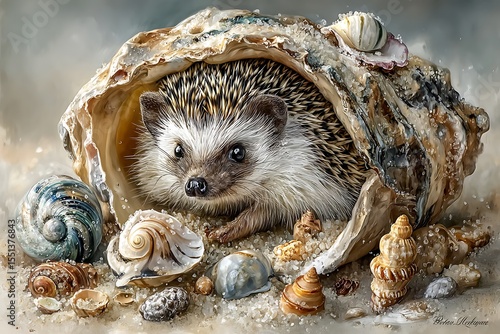 Adorable Hedgehog Cozy in Seashell Haven Coastal Art with Beach Vibes, and Nature Portrait.