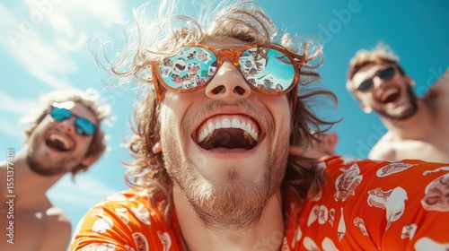 A joyful group of friends smiles widely while capturing the perfect selfie at the beach, embodying happiness and carefree summer vibes under a bright blue sky.