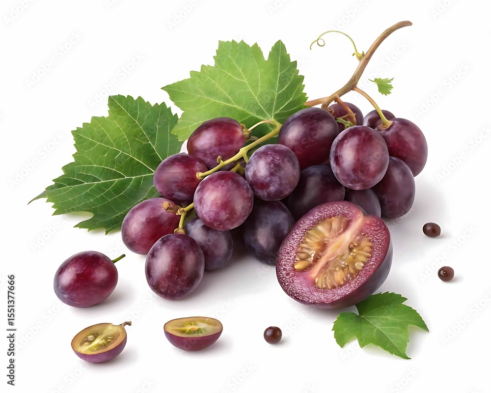 Obraz premium Fresh ripe red grapes with leaves and one cut in half showing seeds on a white background,png