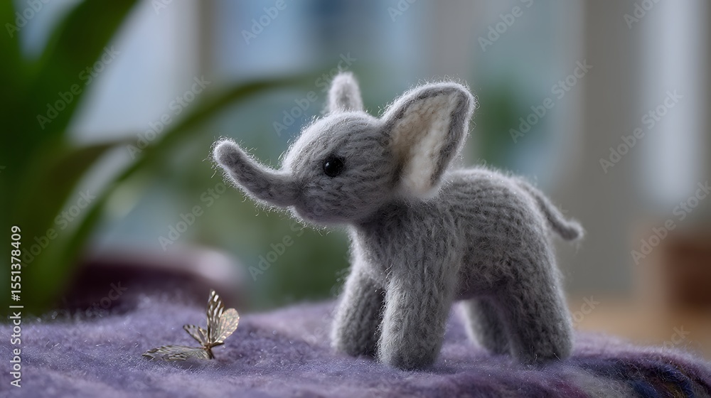 Obraz premium Adorable Knitted Elephant Toy with a Butterfly with Cozy Home Scene Soft Colors.