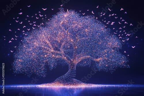 Digital Tree with Night Sky and Birds in Creative Illumination
