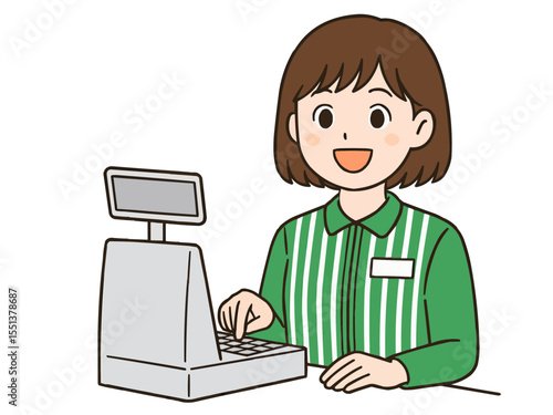 レジ打ちの練習をする若い女性のコンビニ店員のイラスト