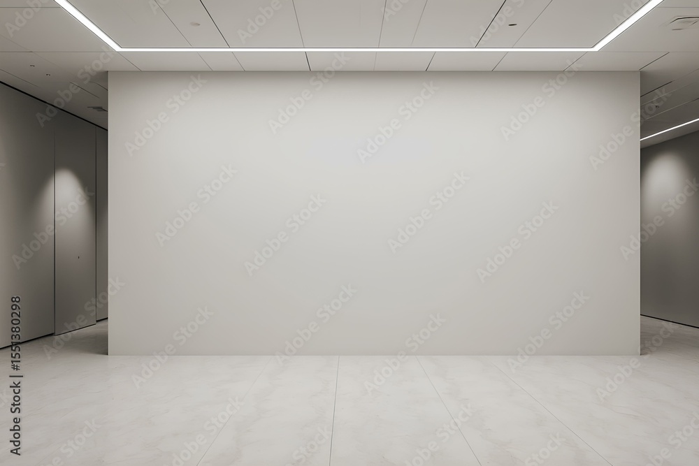 Fototapeta premium Blank light wall and white floor in empty hall room with led light on top. Mockup ,étape, dais, vide, se moquer, en haut, lumière, mur,