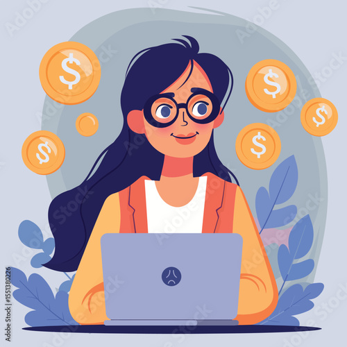 Business Woman Working Online – Earning Money with Laptop Flat Illustration