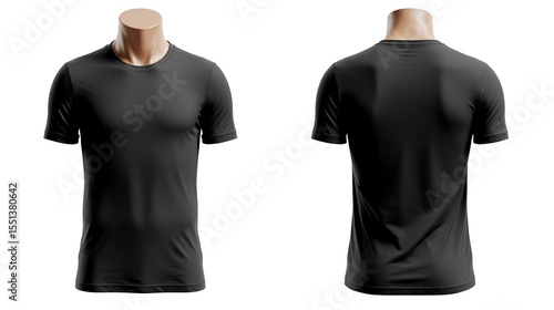 Young male in blank black T-shirt, front and back view, isolated white background. jeune, mâle, blanc, noir, t-shirt, devant, et, verso, 