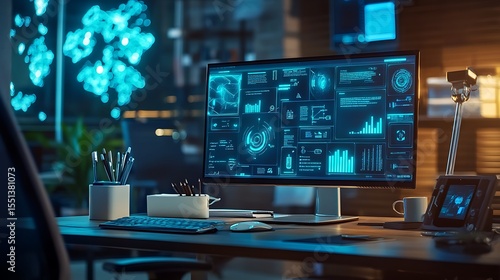 Wallpaper Mural Futuristic Tech Workspace: Blue Neon Glow on Data Display Torontodigital.ca
