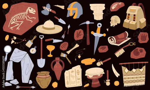 set of archaeological objects, flat color style on black. collection of historical finds in bright colors. It suitable for educational projects, books, presentations and design on historical subjects
