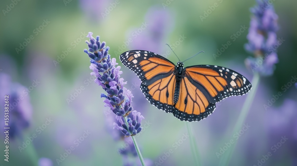 Fototapeta premium Monarch Butterfly on Lavender Plant in Soft Focus Background