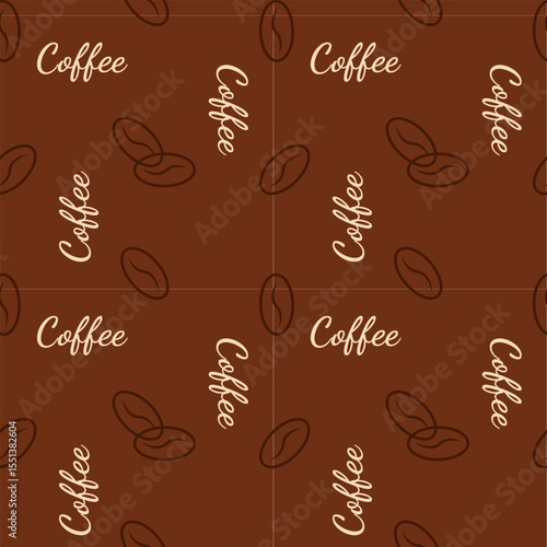 Pattern with coffee beans and lettering Coffee on brown background.
