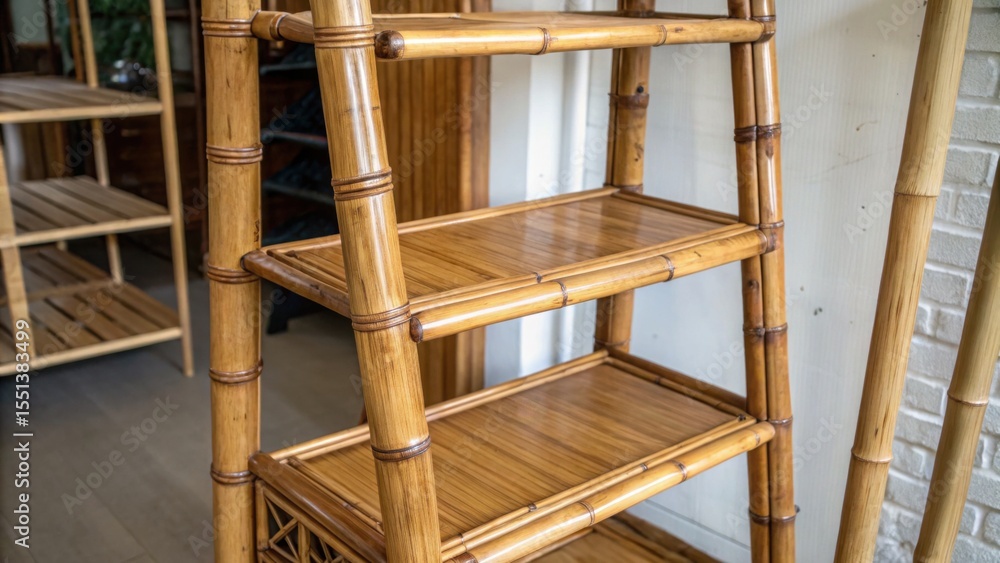 Obraz premium Interior design bamboo, eco-friendly and furniture concept. Bamboo shelf with multiple tiers in a bright interior setting.