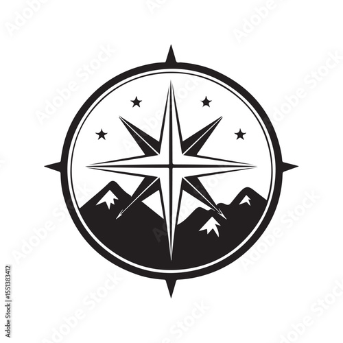 Simple compass rose with mountain silhouette