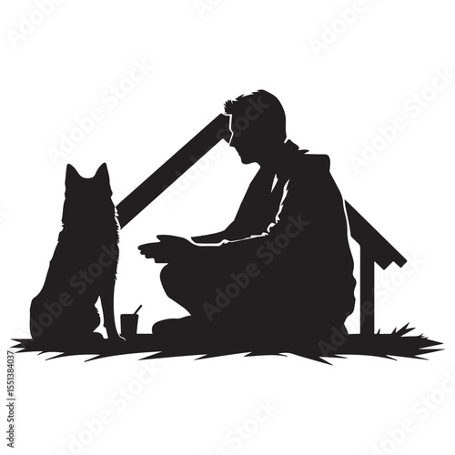 Dog and Man Sitting Silhouette, Outdoor Scene