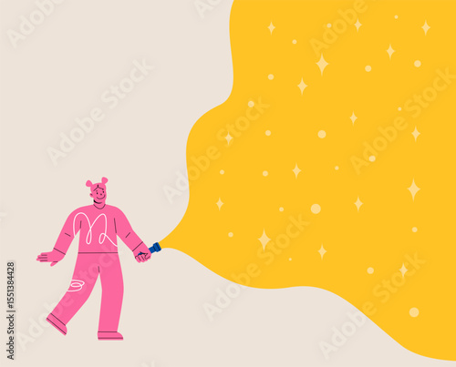 Woman holding a flashlight shines. Concept of searching. Colorful vector illustration