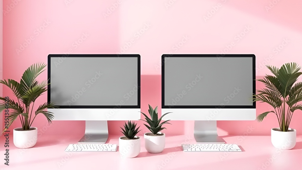 Minimalist Pink Office Scene with Monitors and Green Plants – Hyperrealistic 3D Render Minimalist Pink Office Scene with Monitors and Green Plants – Hyperrealistic 3D Render