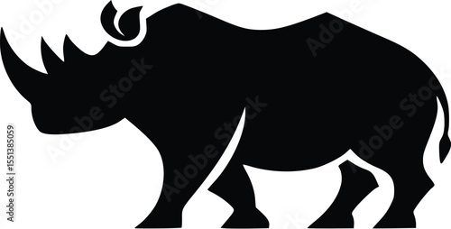 Editable vector silhouette of a rhinoceros, standing, black, isolated