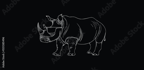 Cool rhino silhouette wearing sunglasses, editable vector illustration, isolated on black