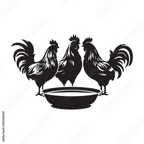 Chickens and roosters eating, poultry group