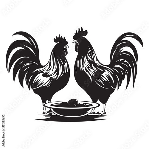 Chickens and roosters eating, rural life