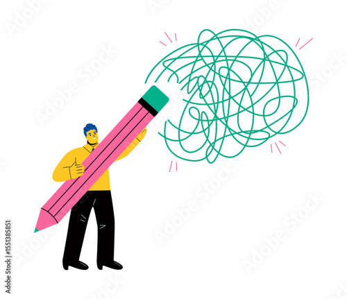 Resolving complex problems, erasing negative thoughts. Business man delete messy lines. Flat vector illustration isolated on white background