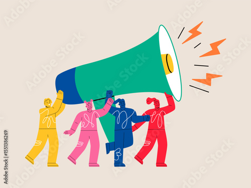 Group of different women goes and hold megaphone together. Colorful vector illustration